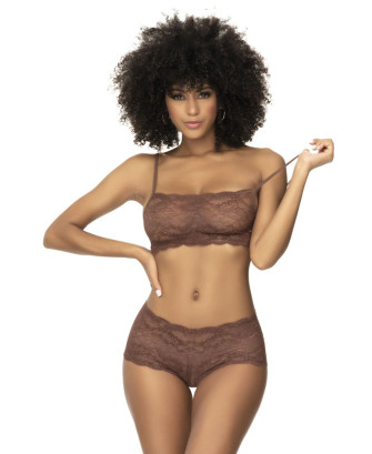 Ensemble 2 pièces en dentelle, top à bretelles et shorty couleur cacao 